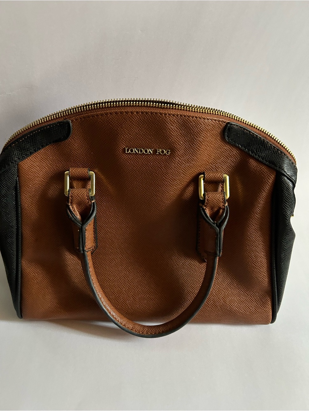 London Fog Brown and Black Dome Satchel with Gold Hardware